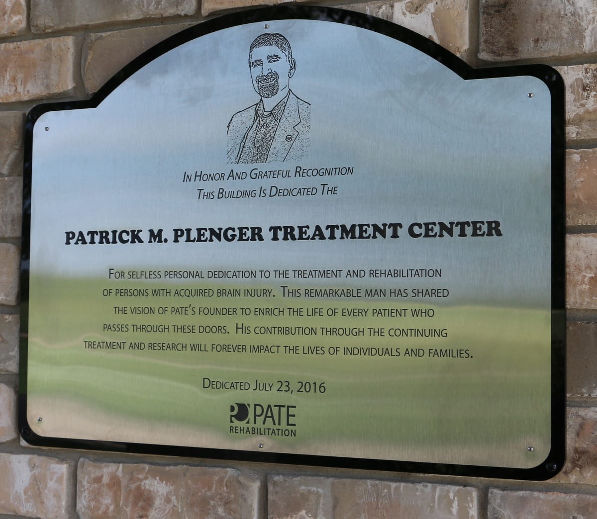 Plaque honoring Patrick Plenger at treatment center